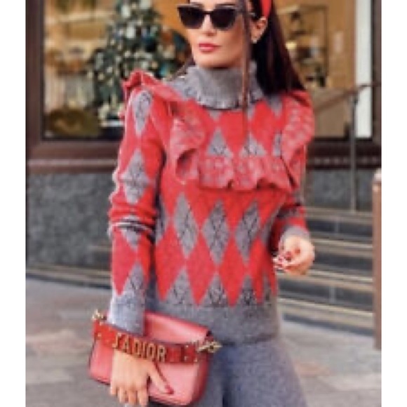 Zara Argyle Turtleneck Ruffle Mohair Blend Red Grey Black Sweater, size S - Picture 4 of 15